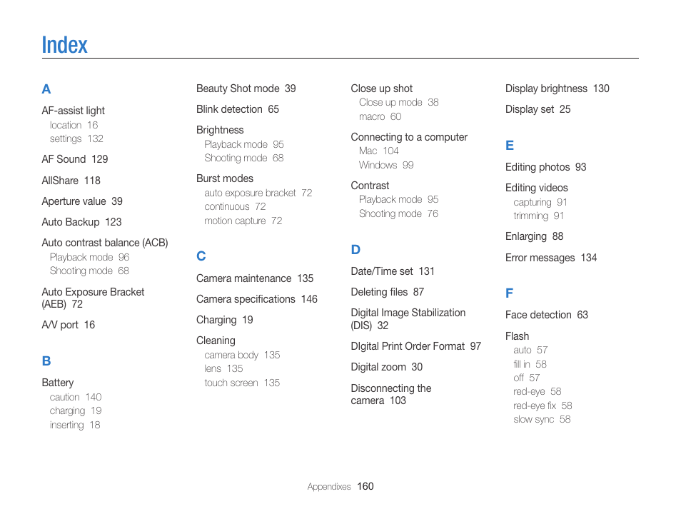 Index | Samsung EC-SH100ZBPBUS User Manual | Page 161 / 165