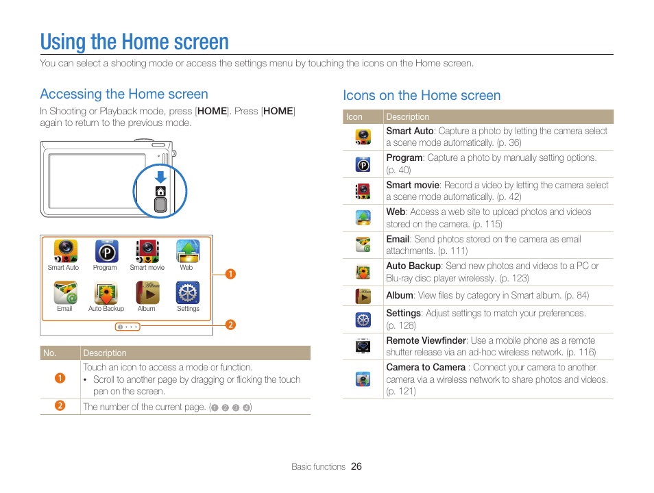 Using the home screen, Accessing the home screen, Icons on the home screen | Accessing the home screen ……………… 26, Icons on the home screen ……………… 26 | Samsung EC-SH100ZBPBUS User Manual | Page 27 / 165