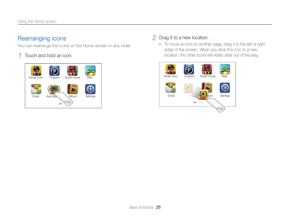 Rearranging icons, Rearranging icons ………………………… 28 | Samsung EC-SH100ZBPBUS User Manual | Page 29 / 165