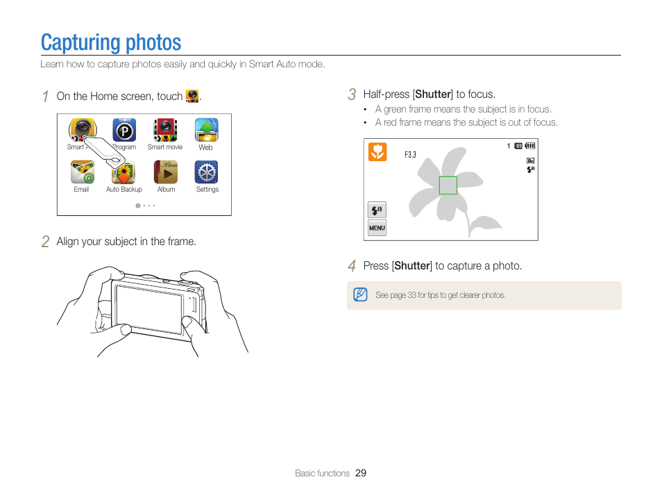 Capturing photos | Samsung EC-SH100ZBPBUS User Manual | Page 30 / 165