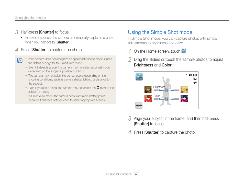 Using the simple shot mode, Using the simple shot mode …………… 37 | Samsung EC-SH100ZBPBUS User Manual | Page 38 / 165