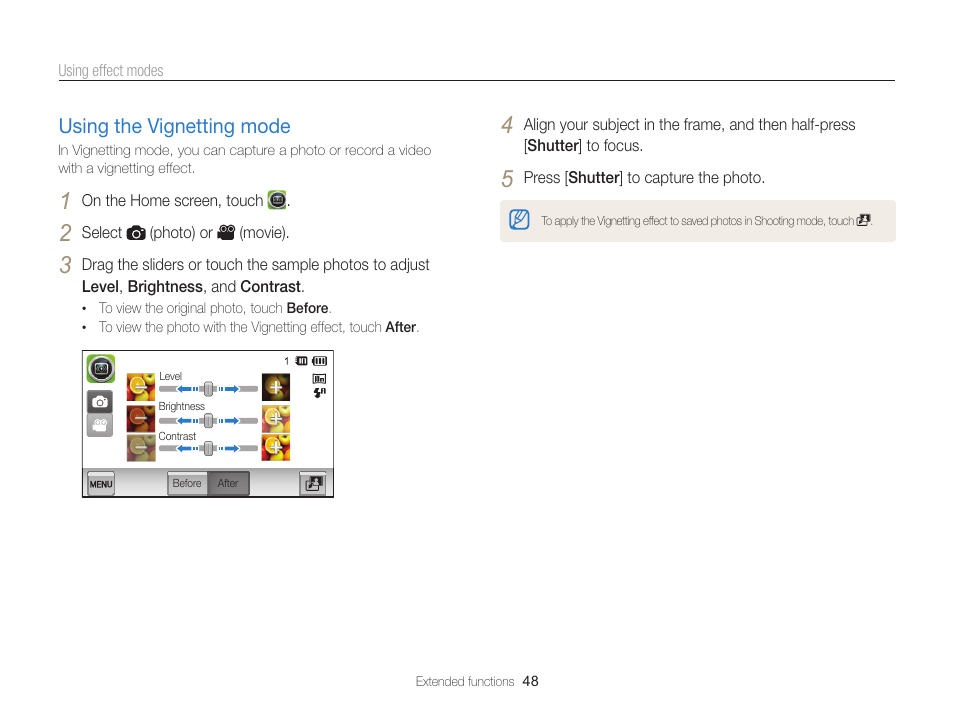 Using the vignetting mode, Using the vignetting mode ……………… 48 | Samsung EC-SH100ZBPBUS User Manual | Page 49 / 165
