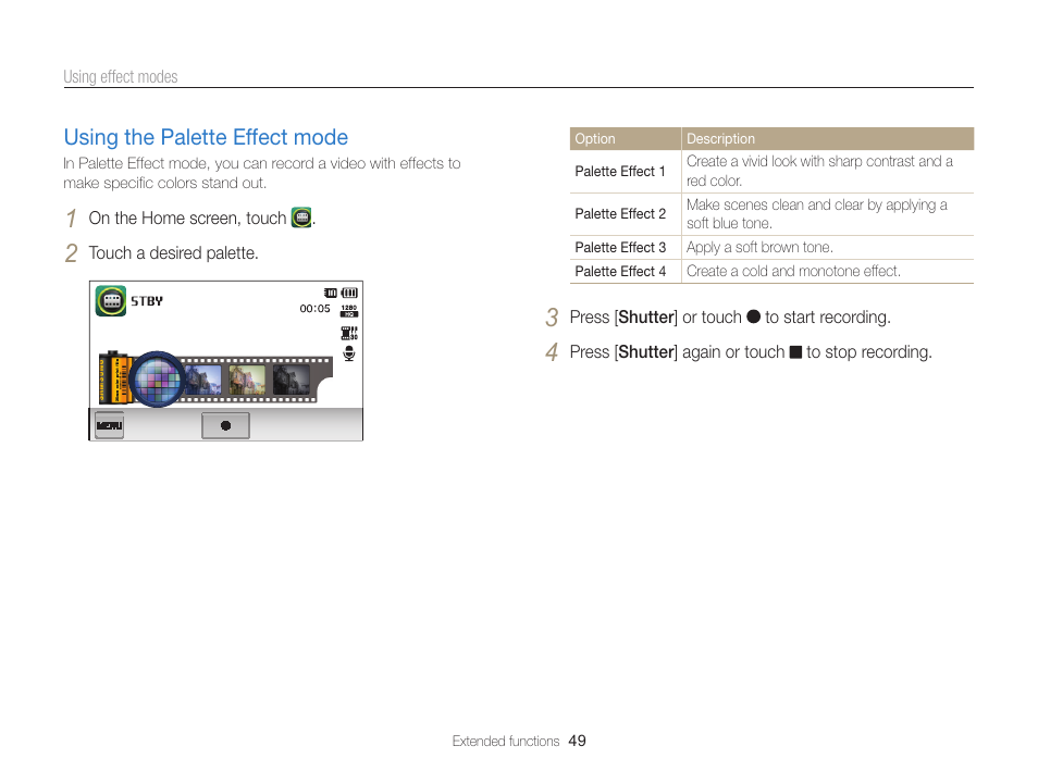 Using the palette effect mode, Using the palette effect mode …………… 49 | Samsung EC-SH100ZBPBUS User Manual | Page 50 / 165