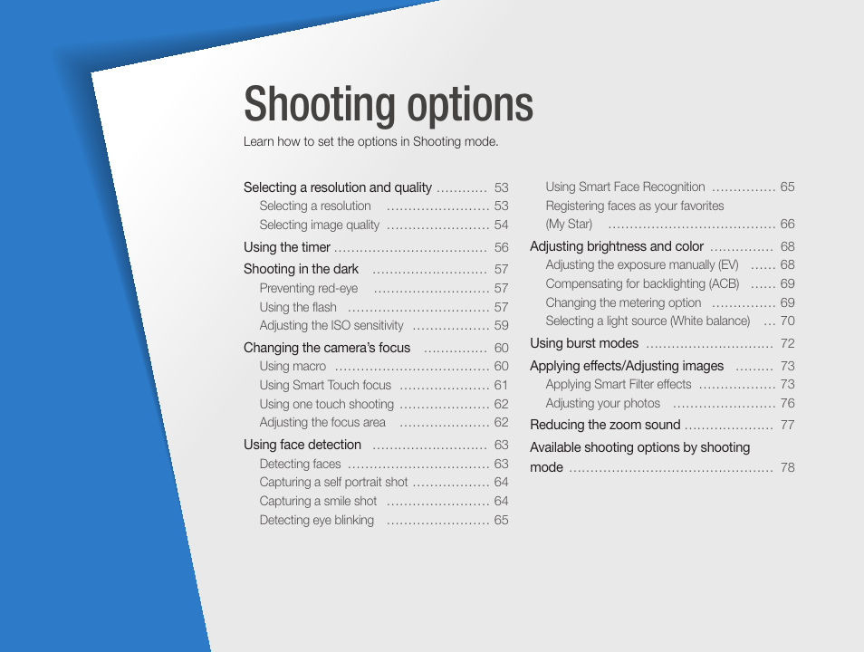 Shooting options, Learn how to set the options in shooting mode | Samsung EC-SH100ZBPBUS User Manual | Page 53 / 165