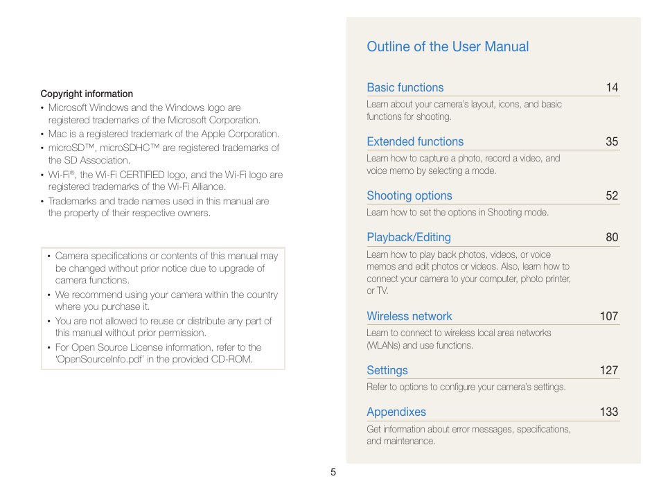 Outline of the user manual | Samsung EC-SH100ZBPBUS User Manual | Page 6 / 165