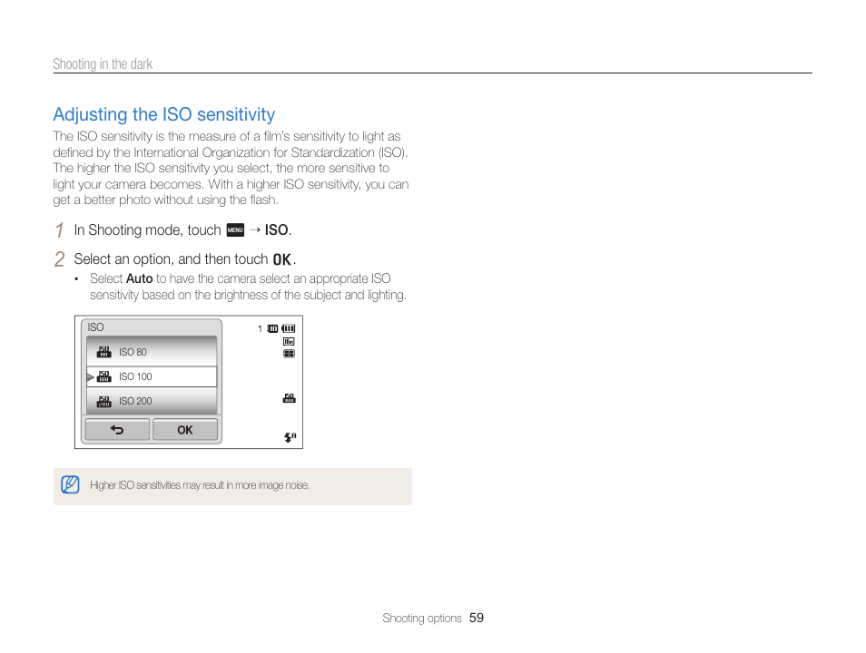 Adjusting the iso sensitivity, Set iso sensitivity options. (p. 59), Adjusting the iso sensitivity ……………… 59 | Samsung EC-SH100ZBPBUS User Manual | Page 60 / 165