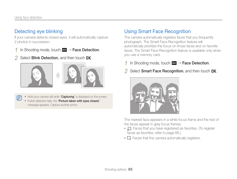 Detecting eye blinking, Using smart face recognition, Detecting eye blinking …………………… 65 | Using smart face recognition …………… 65 | Samsung EC-SH100ZBPBUS User Manual | Page 66 / 165