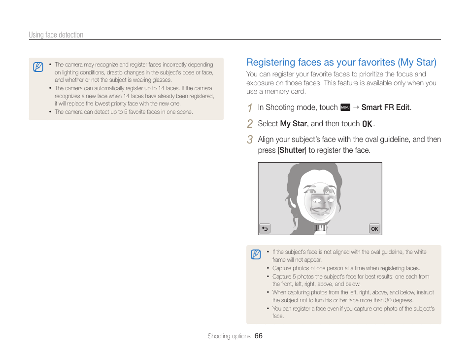 Registering faces as your favorites (my star), Registering faces as your favorites, My star) ………………………………… 66 | Samsung EC-SH100ZBPBUS User Manual | Page 67 / 165