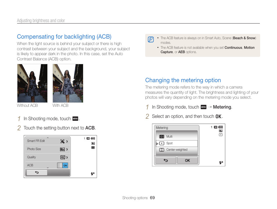 Compensating for backlighting (acb), Changing the metering option, Option. (p. 69) | Compensating for backlighting (acb) …… 69, Changing the metering option …………… 69 | Samsung EC-SH100ZBPBUS User Manual | Page 70 / 165