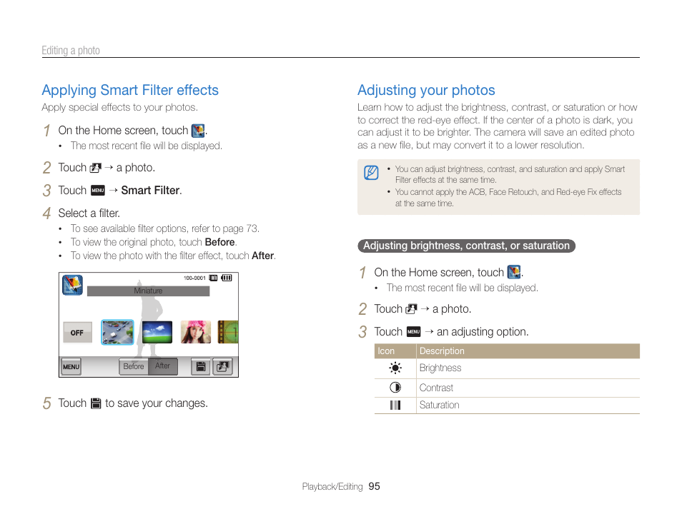 Applying smart filter effects, Adjusting your photos, Applying smart filter effects ……………… 95 | Adjusting your photos …………………… 95 | Samsung EC-SH100ZBPBUS User Manual | Page 96 / 165