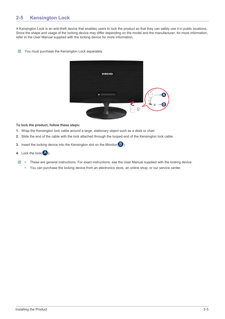 5 kensington lock, Kensington lock -5 | Samsung LS24X3HKFH-ZA User Manual | Page 18 / 63