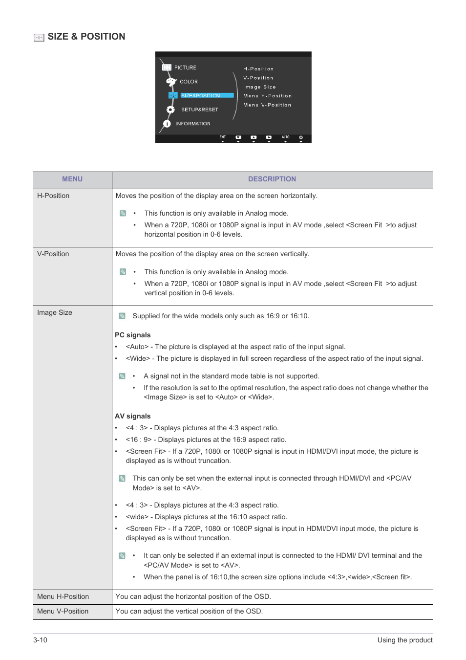 Size & position | Samsung LS24X3HKFH-ZA User Manual | Page 37 / 63