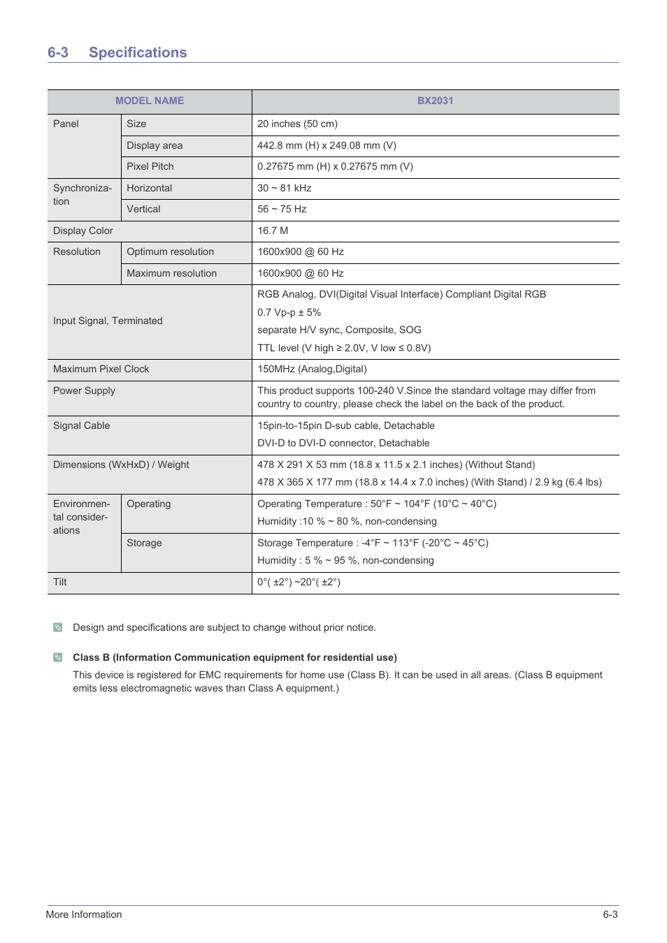 3 specifications, Specifications -3 | Samsung LS24X3HKFH-ZA User Manual | Page 50 / 63
