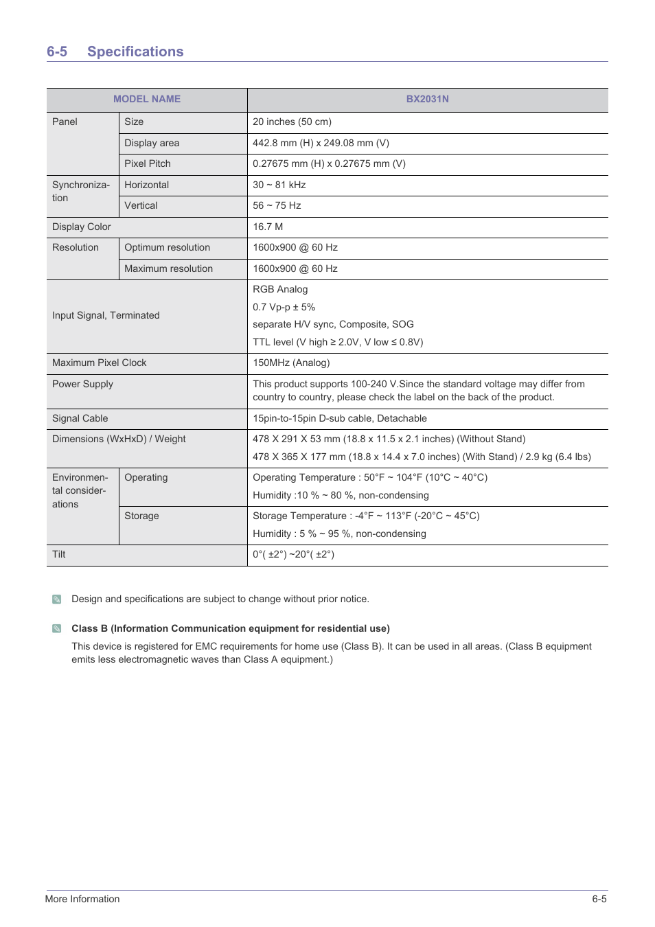 5 specifications, Specifications -5 | Samsung LS24X3HKFH-ZA User Manual | Page 52 / 63