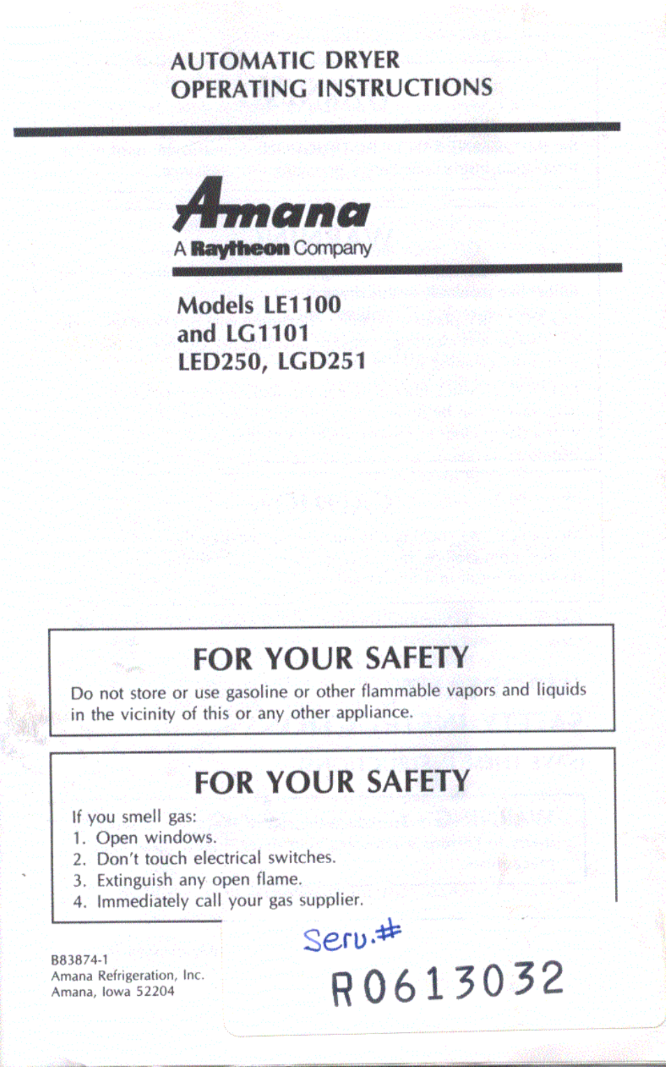 Amana LG1101 User Manual | 5 pages