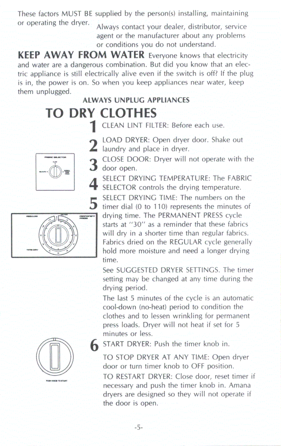 To dry clothes, Keep away from water | Amana LG1101 User Manual | Page 2 / 5