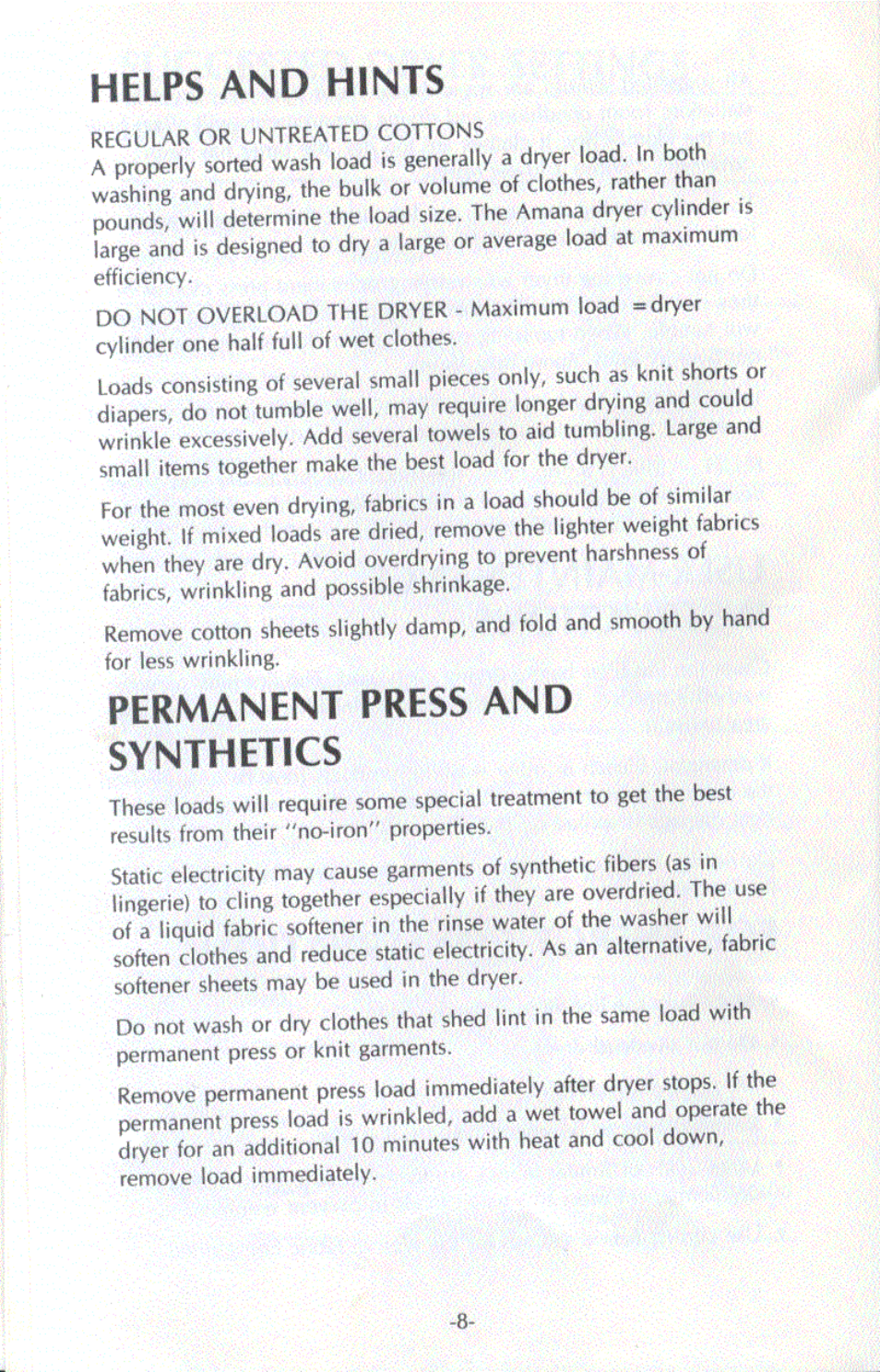 Helps and hints, Permanent press and synthetics | Amana LG1101 User Manual | Page 4 / 5