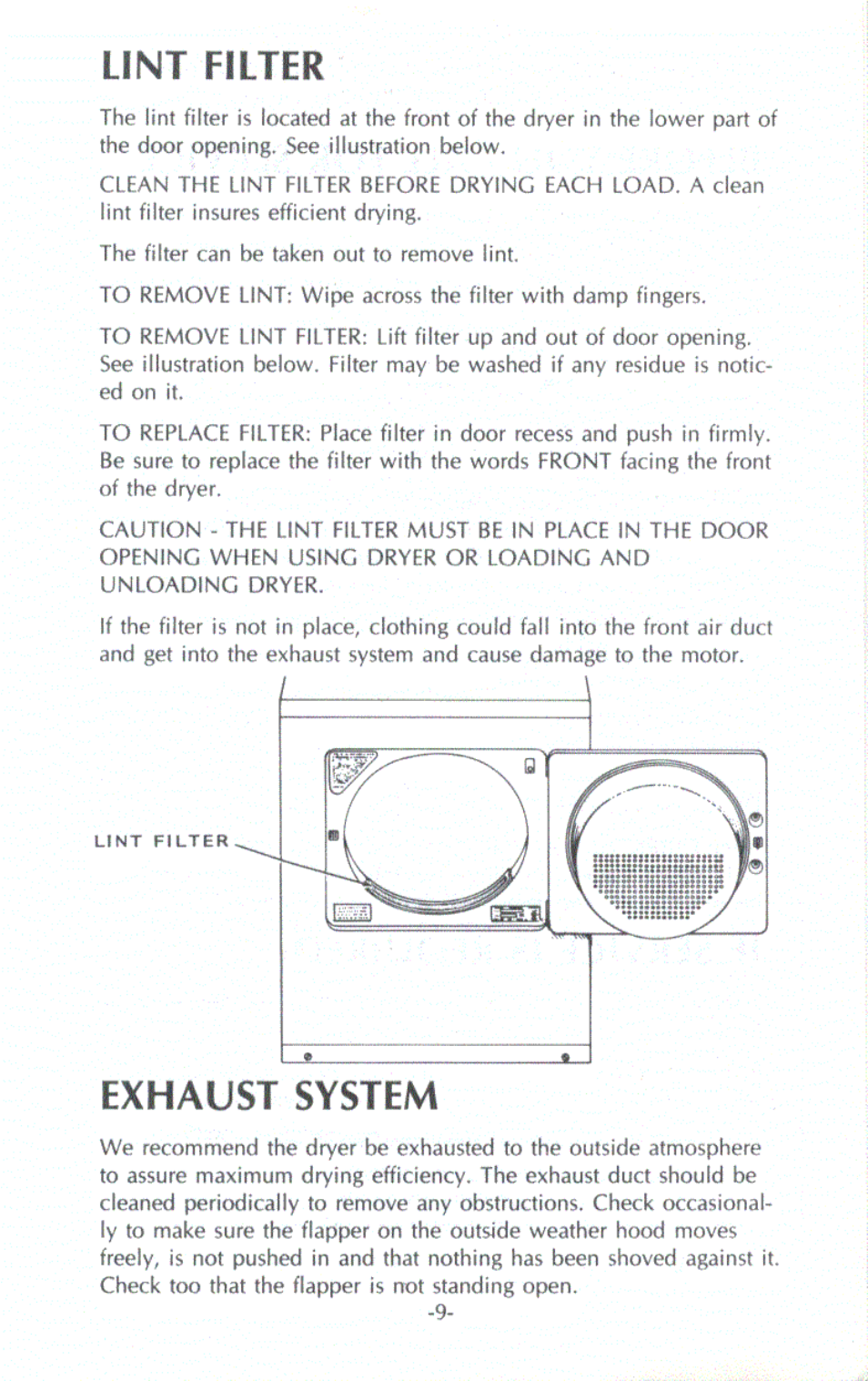 Lint filter, Exhaust system | Amana LG1101 User Manual | Page 5 / 5