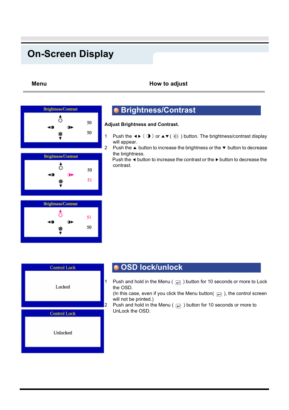 On-screen display, Brightness/contrast osd lock/unlock | Samsung AN19LS9L-USM User Manual | Page 23 / 55