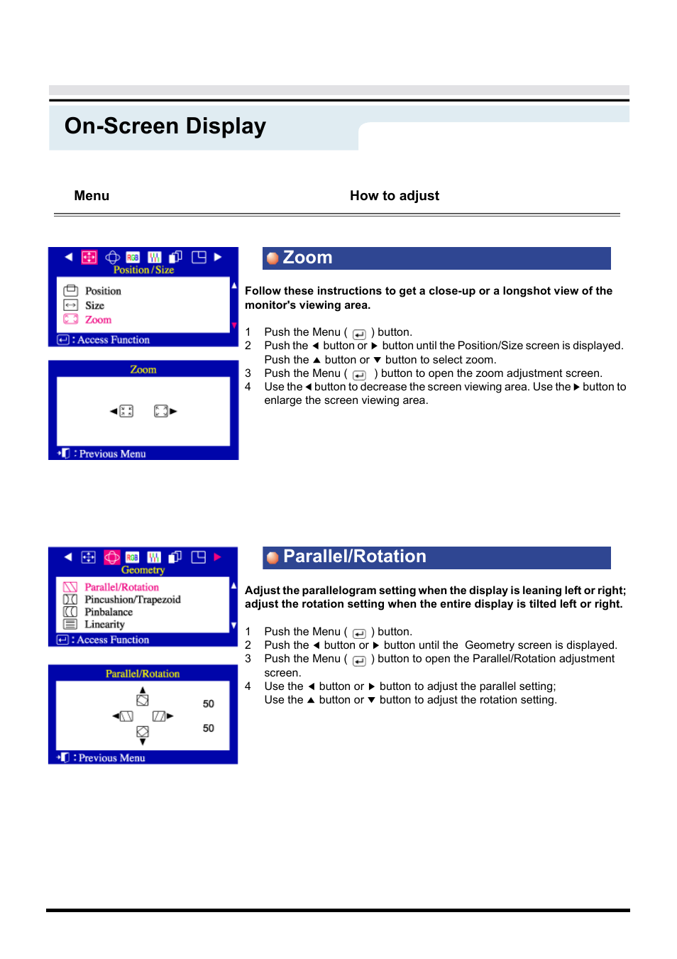 On-screen display, Zoom parallel/rotation, Menu | How to adjust | Samsung AN19LS9L-USM User Manual | Page 25 / 55