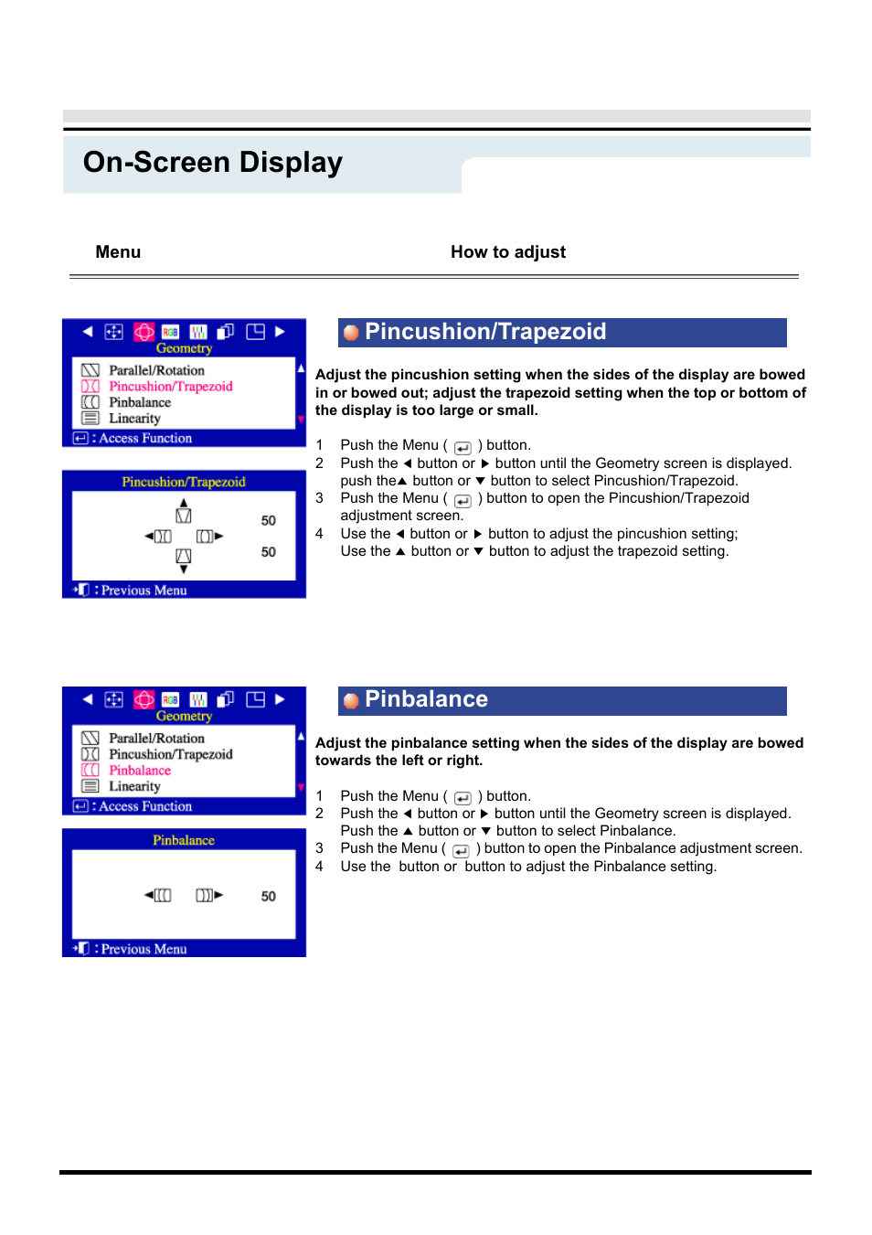 On-screen display, Pincushion/trapezoid pinbalance, Menu | How to adjust | Samsung AN19LS9L-USM User Manual | Page 26 / 55