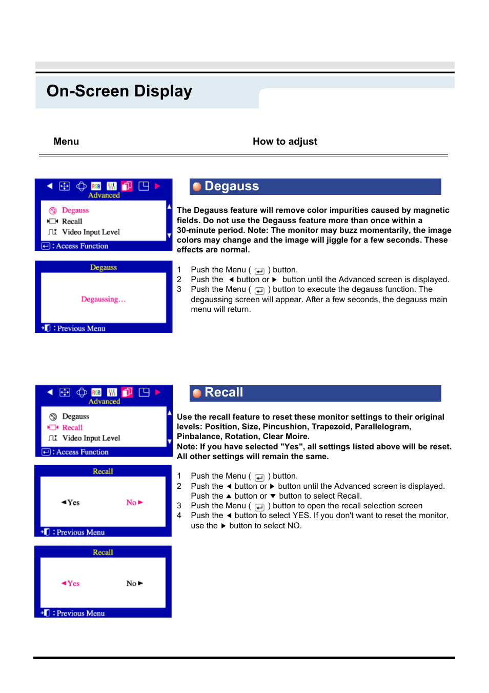 On-screen display, Degauss recall | Samsung AN19LS9L-USM User Manual | Page 29 / 55