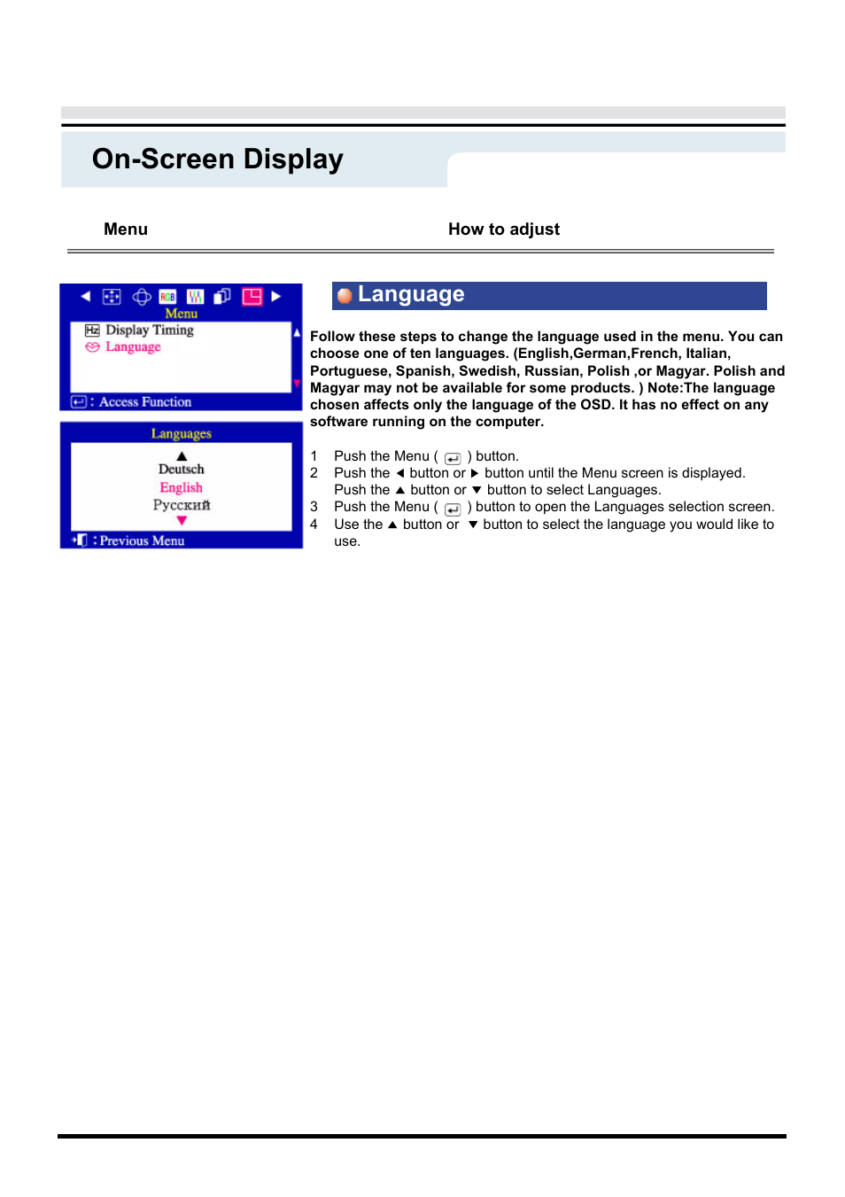 On-screen display, Language | Samsung AN19LS9L-USM User Manual | Page 31 / 55