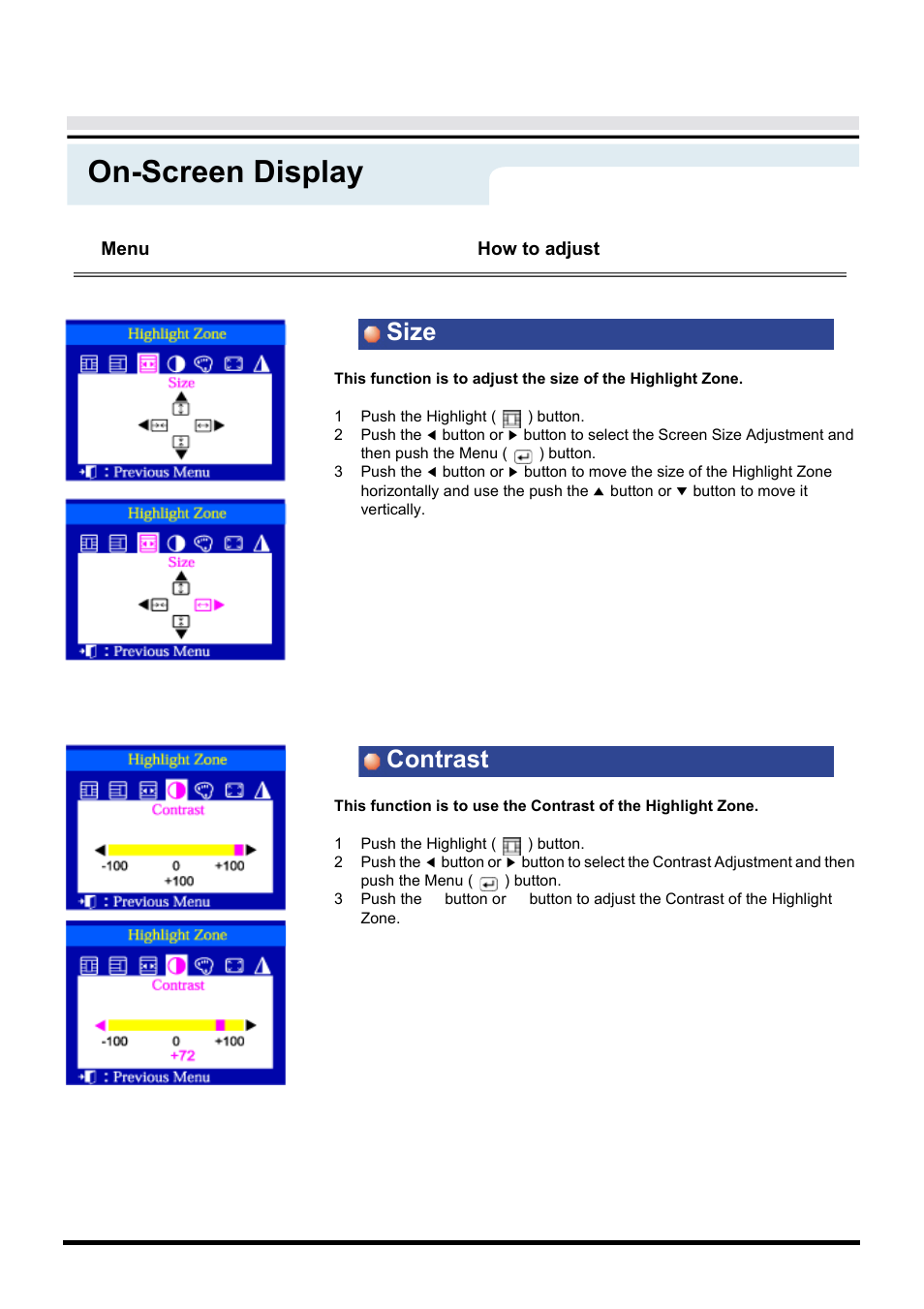 On-screen display, Size contrast, Menu | How to adjust | Samsung AN19LS9L-USM User Manual | Page 33 / 55