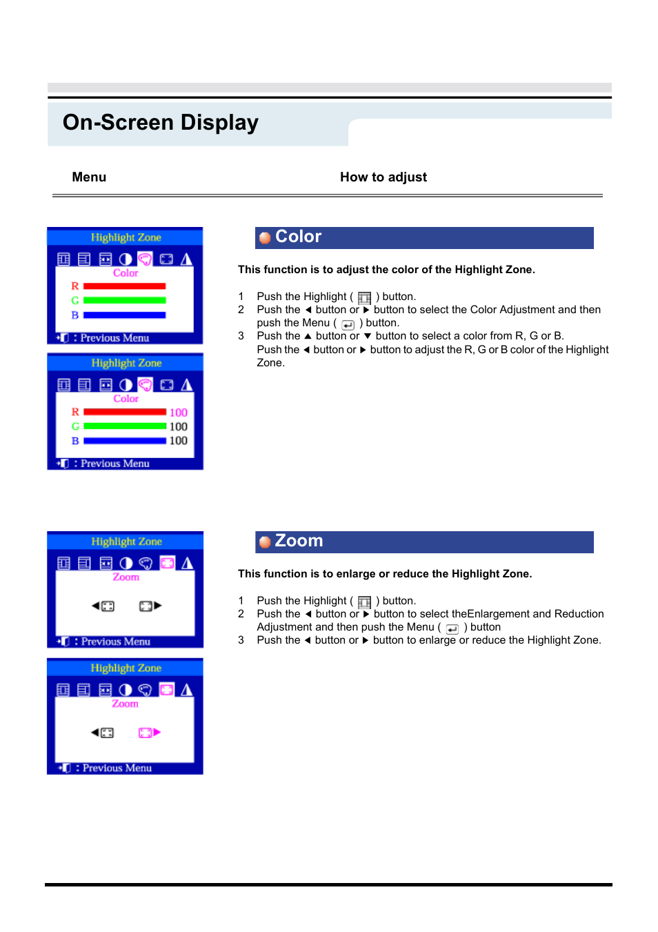 On-screen display, Color zoom, Menu | How to adjust | Samsung AN19LS9L-USM User Manual | Page 34 / 55