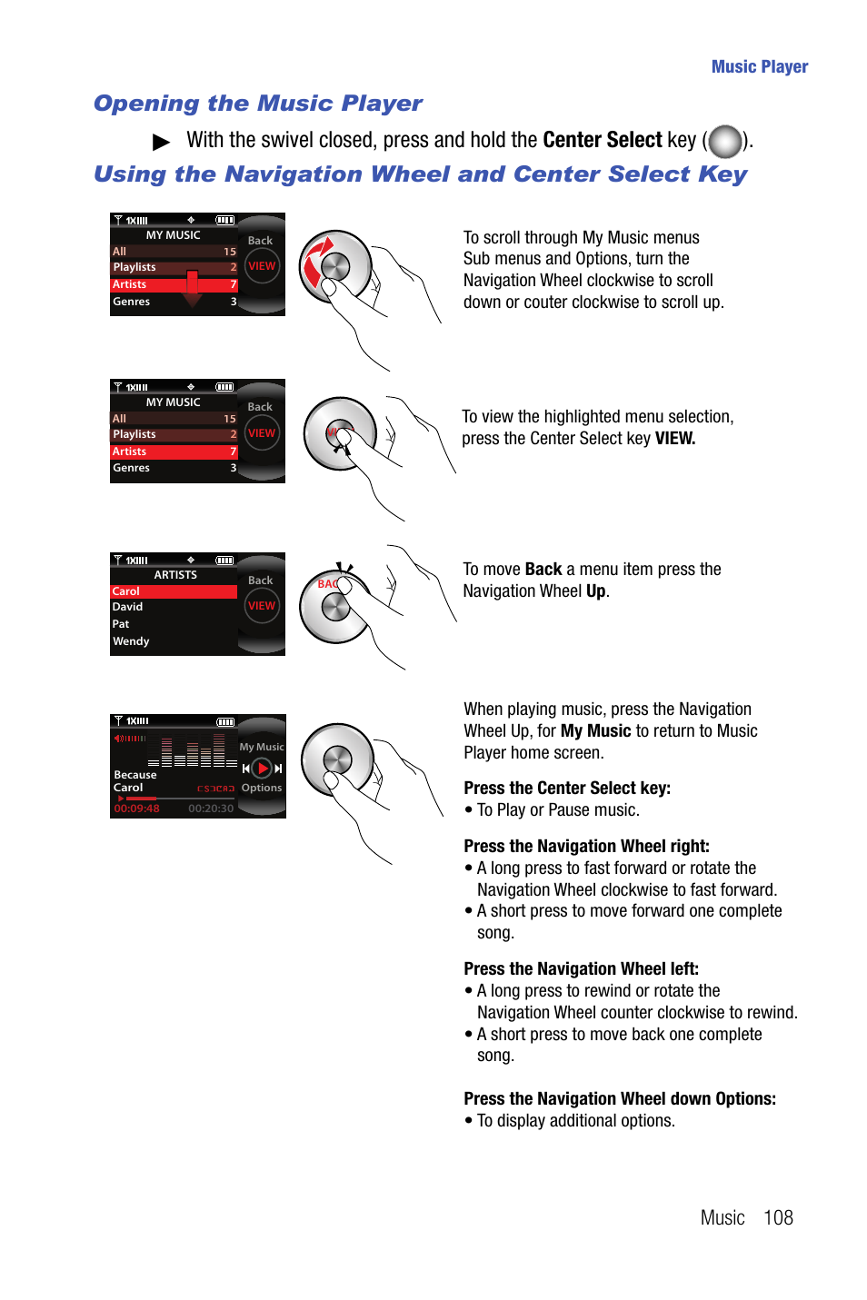 Opening the music player, Music 108, Music player | Samsung SCH-U470GBAVZW User Manual | Page 111 / 162