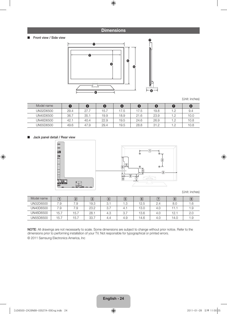 Dimensions | Samsung UN40D6500VFXZA User Manual | Page 24 / 25