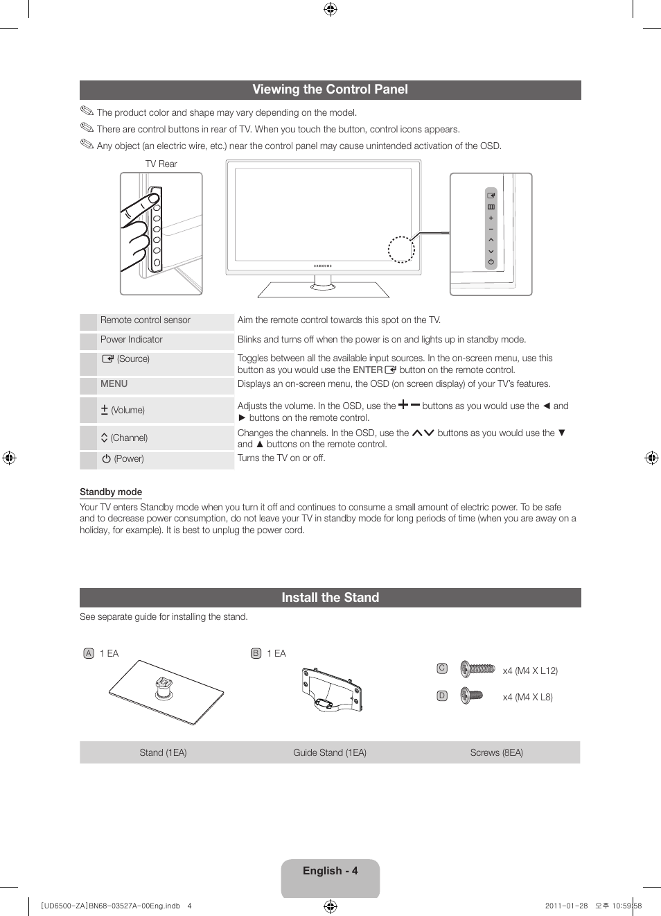 Viewing the control panel, Install the stand | Samsung UN40D6500VFXZA User Manual | Page 4 / 25