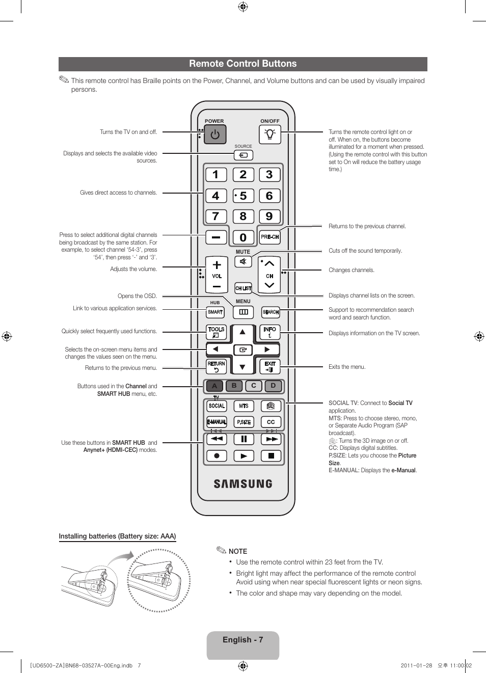 Remote control buttons | Samsung UN40D6500VFXZA User Manual | Page 7 / 25