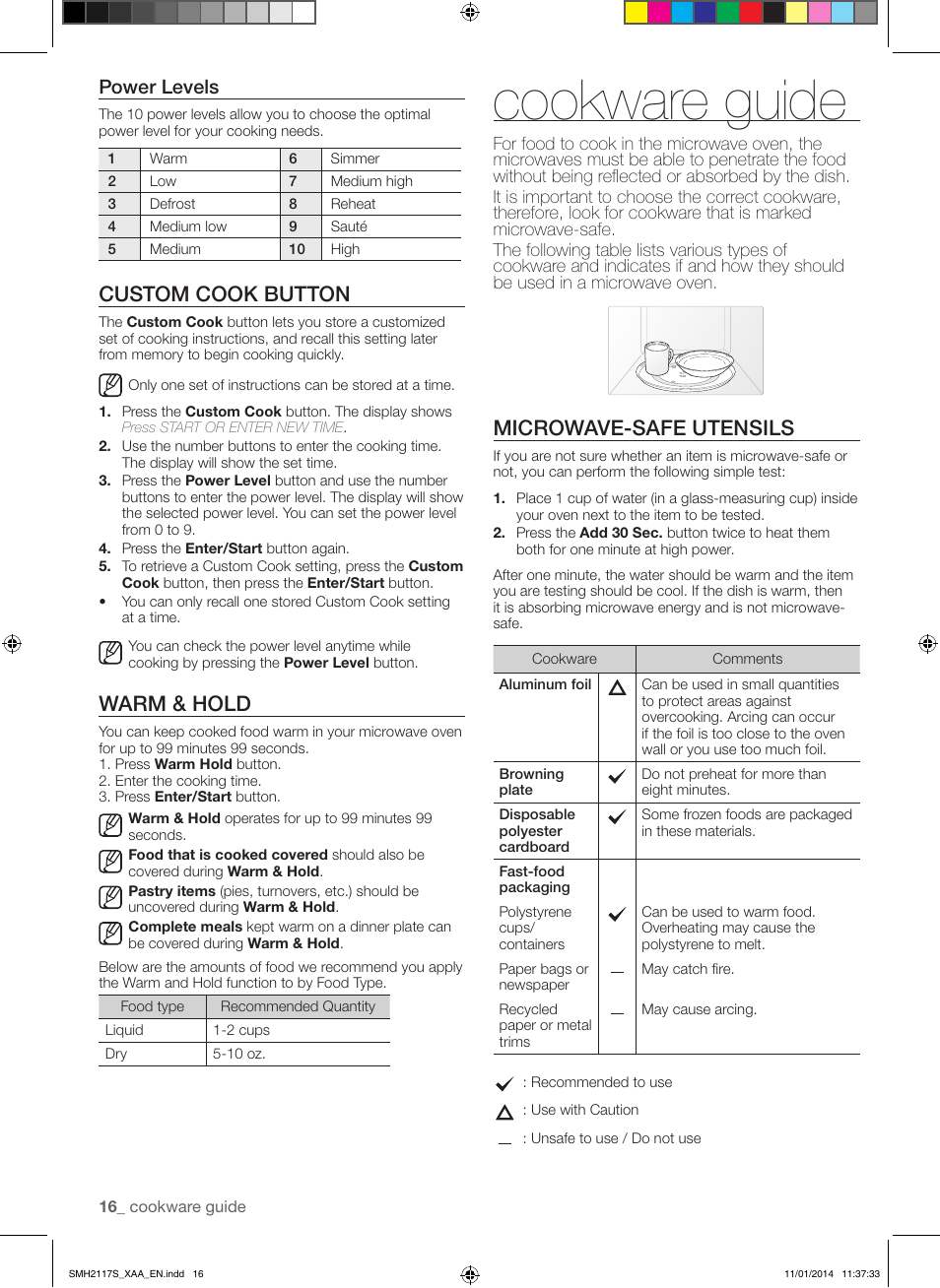 Cookware guide, Custom cook button, Warm & hold | Microwave-safe utensils, Power levels | Samsung SMH2117S-XAA User Manual | Page 16 / 52