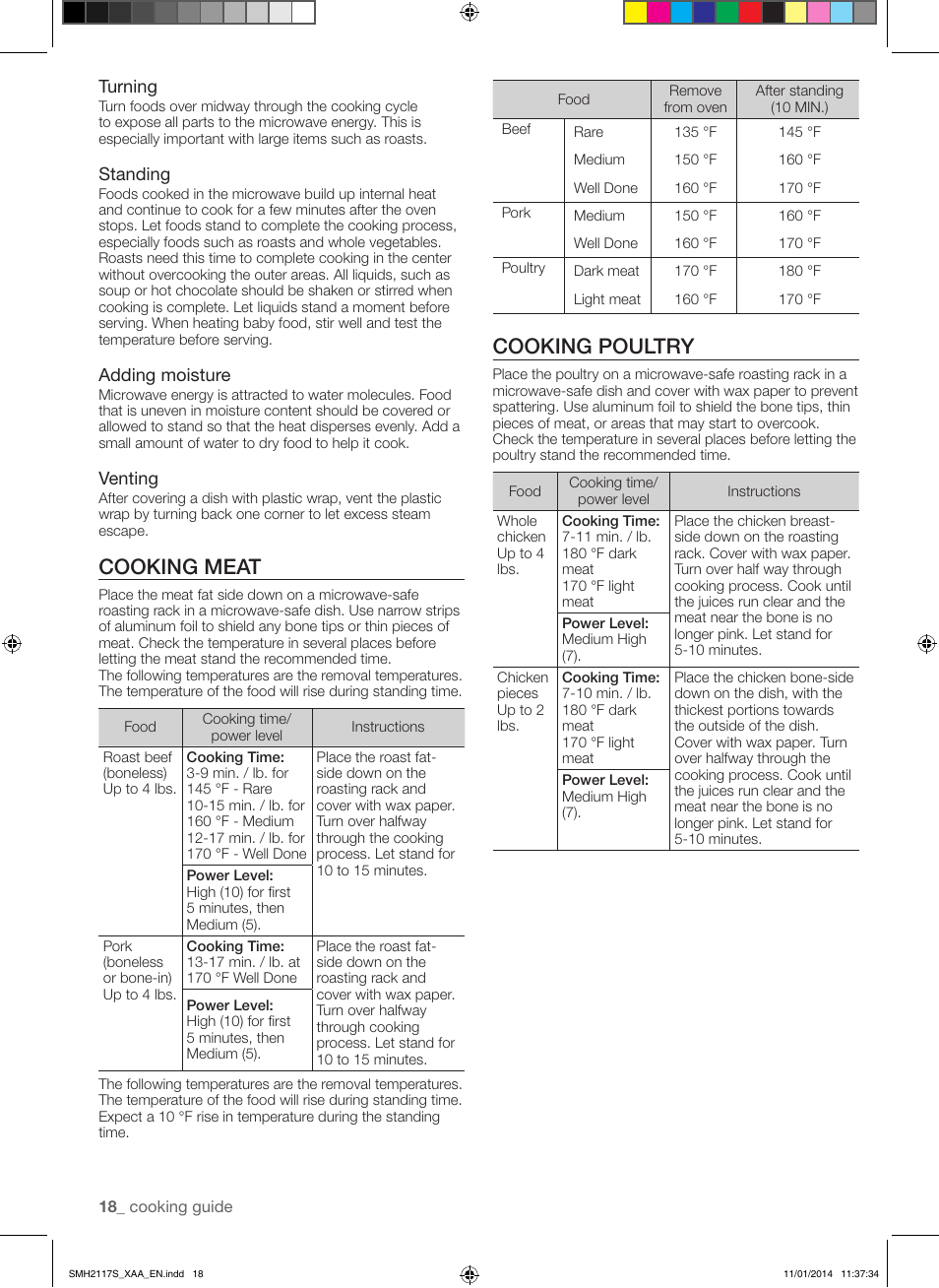 Cooking poultry, Cooking meat, Turning | Standing, Adding moisture, Venting | Samsung SMH2117S-XAA User Manual | Page 18 / 52