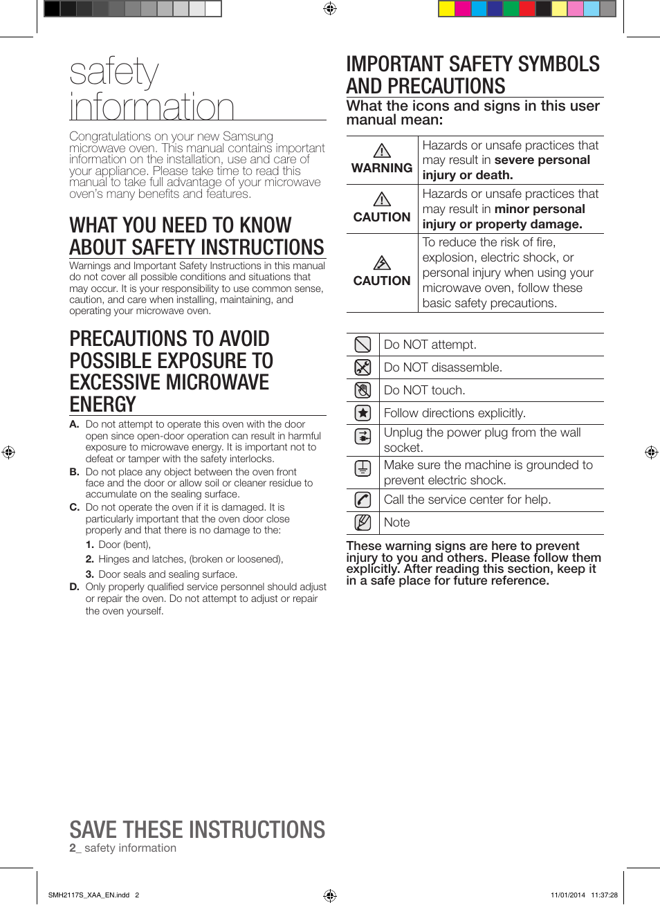 Safety information, Save these instructions, Important safety symbols and precautions | What you need to know about safety instructions | Samsung SMH2117S-XAA User Manual | Page 2 / 52