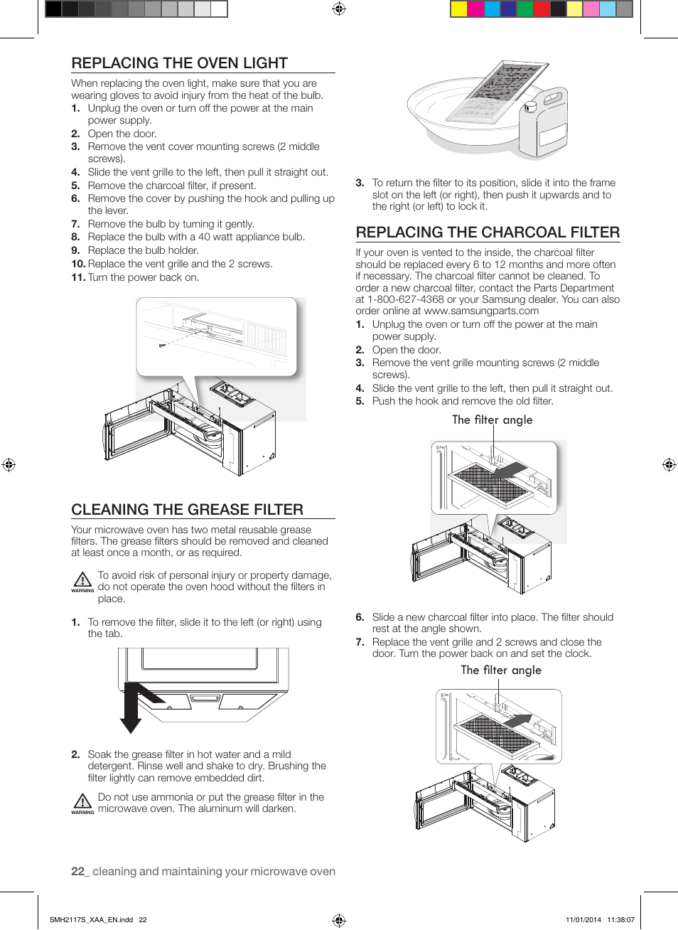 Replacing the oven light, Cleaning the grease filter, Replacing the charcoal filter | The angle, The filter angle | Samsung SMH2117S-XAA User Manual | Page 22 / 52