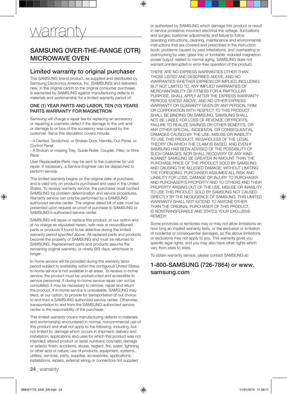 Warranty, Samsung over-the-range (otr) microwave oven, Limited warranty to original purchaser | Samsung SMH2117S-XAA User Manual | Page 24 / 52