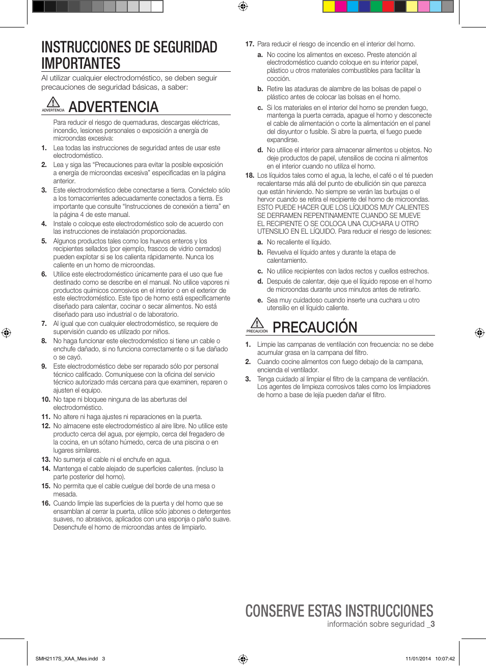 Conserve estas instrucciones, Instrucciones de seguridad importantes, Advertencia | Precaución | Samsung SMH2117S-XAA User Manual | Page 29 / 52