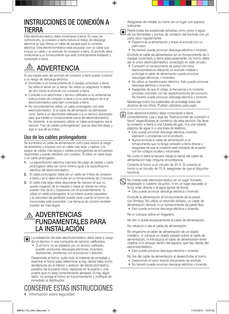 Conserve estas instrucciones, Instrucciones de conexión a tierra, Advertencia | Advertencias fundamentales para la instalación, Uso de los cables prolongadores | Samsung SMH2117S-XAA User Manual | Page 30 / 52