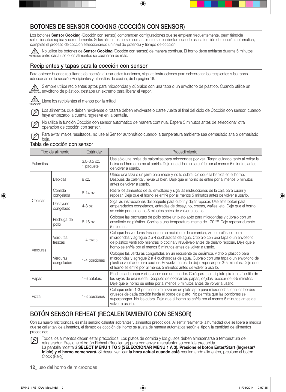 Botones de sensor cooking (cocción con sensor), Botón sensor reheat (recalentamiento con sensor), Recipientes y tapas para la cocción con sensor | Tabla de cocción con sensor | Samsung SMH2117S-XAA User Manual | Page 38 / 52