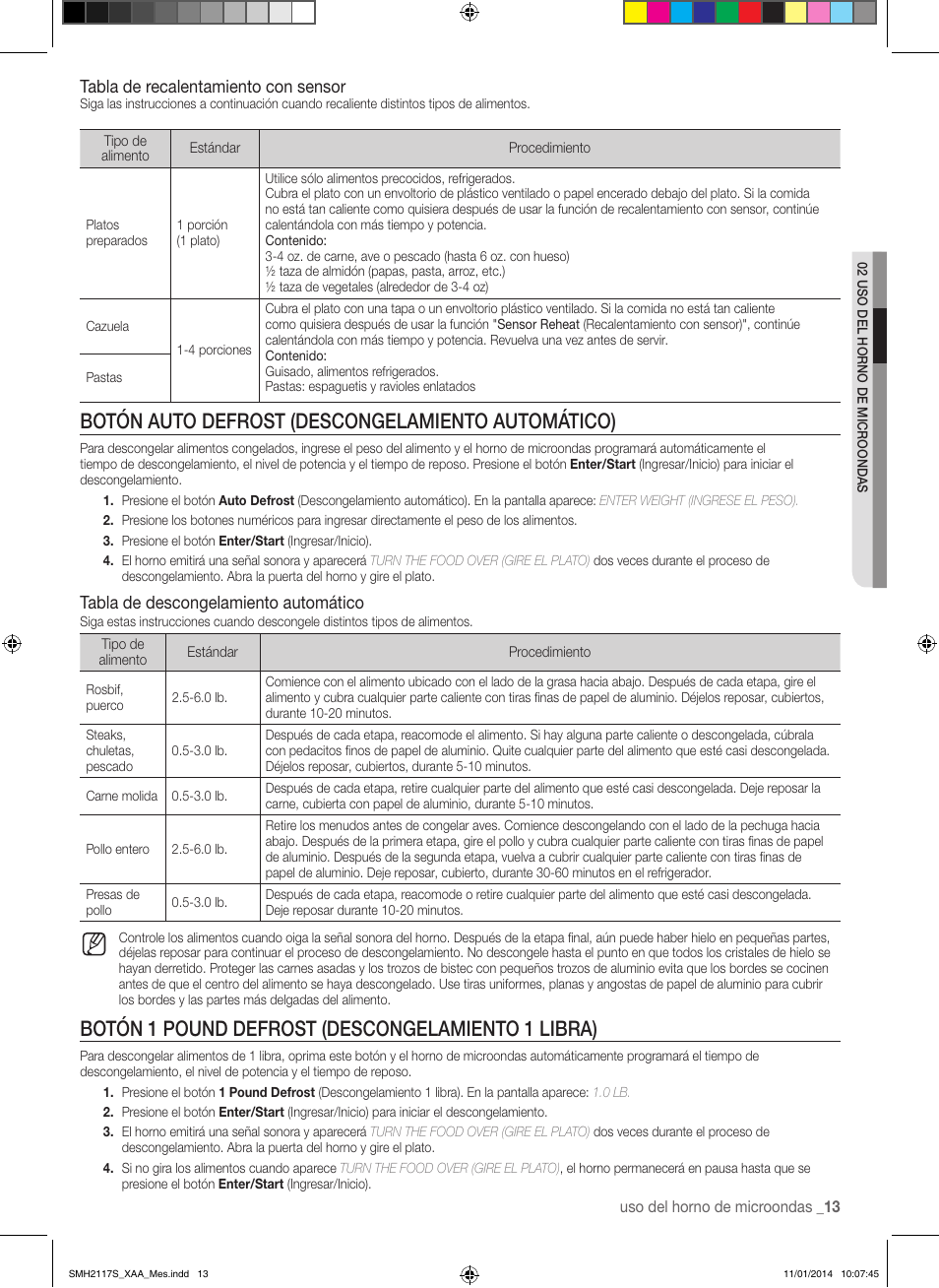 Botón auto defrost (descongelamiento automático), Botón 1 pound defrost (descongelamiento 1 libra), Tabla de recalentamiento con sensor | Tabla de descongelamiento automático | Samsung SMH2117S-XAA User Manual | Page 39 / 52