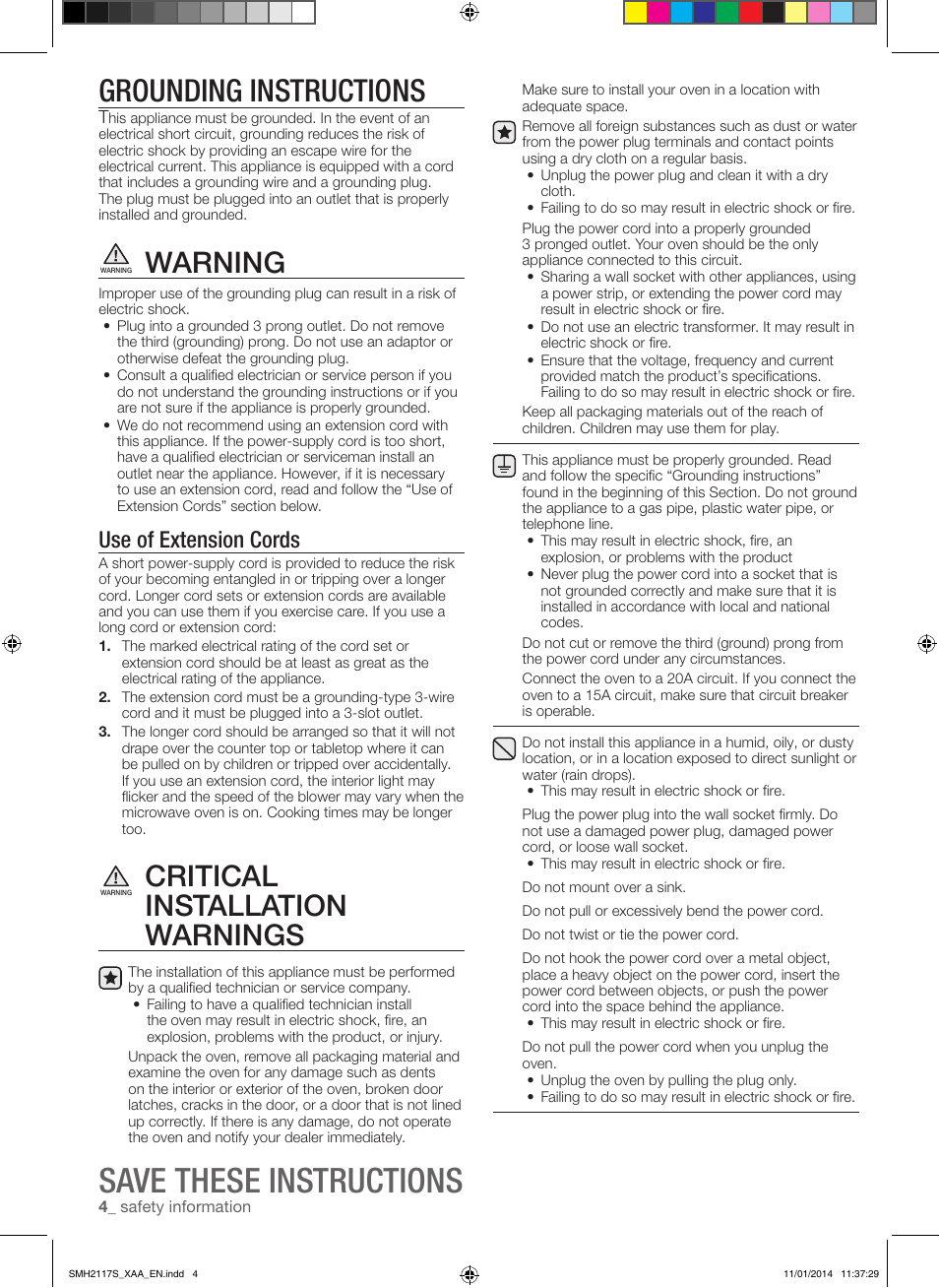 Save these instructions, Grounding instructions, Warning | Critical installation warnings, Use of extension cords | Samsung SMH2117S-XAA User Manual | Page 4 / 52