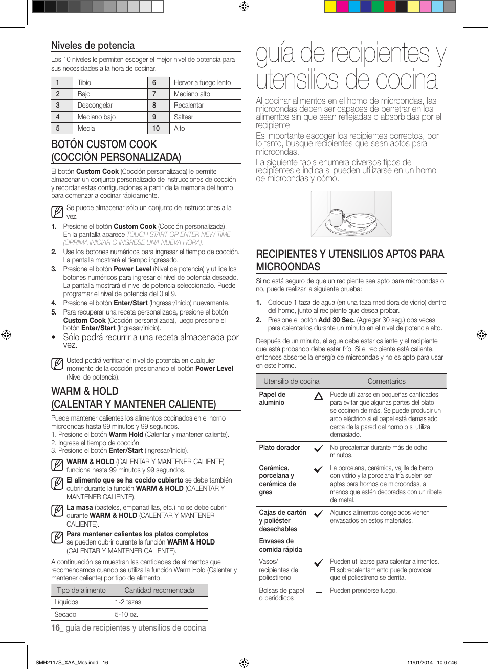 Guía de recipientes y utensilios de cocina, Recipientes y utensilios aptos para microondas, Botón custom cook (cocción personalizada) | Warm & hold (calentar y mantener caliente), Niveles de potencia | Samsung SMH2117S-XAA User Manual | Page 42 / 52