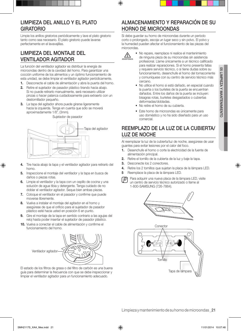 Reemplazo de la luz de la cubierta/ luz de noche, Limpieza del anillo y el plato giratorio, Limpieza del montaje del ventilador agitador | Samsung SMH2117S-XAA User Manual | Page 47 / 52