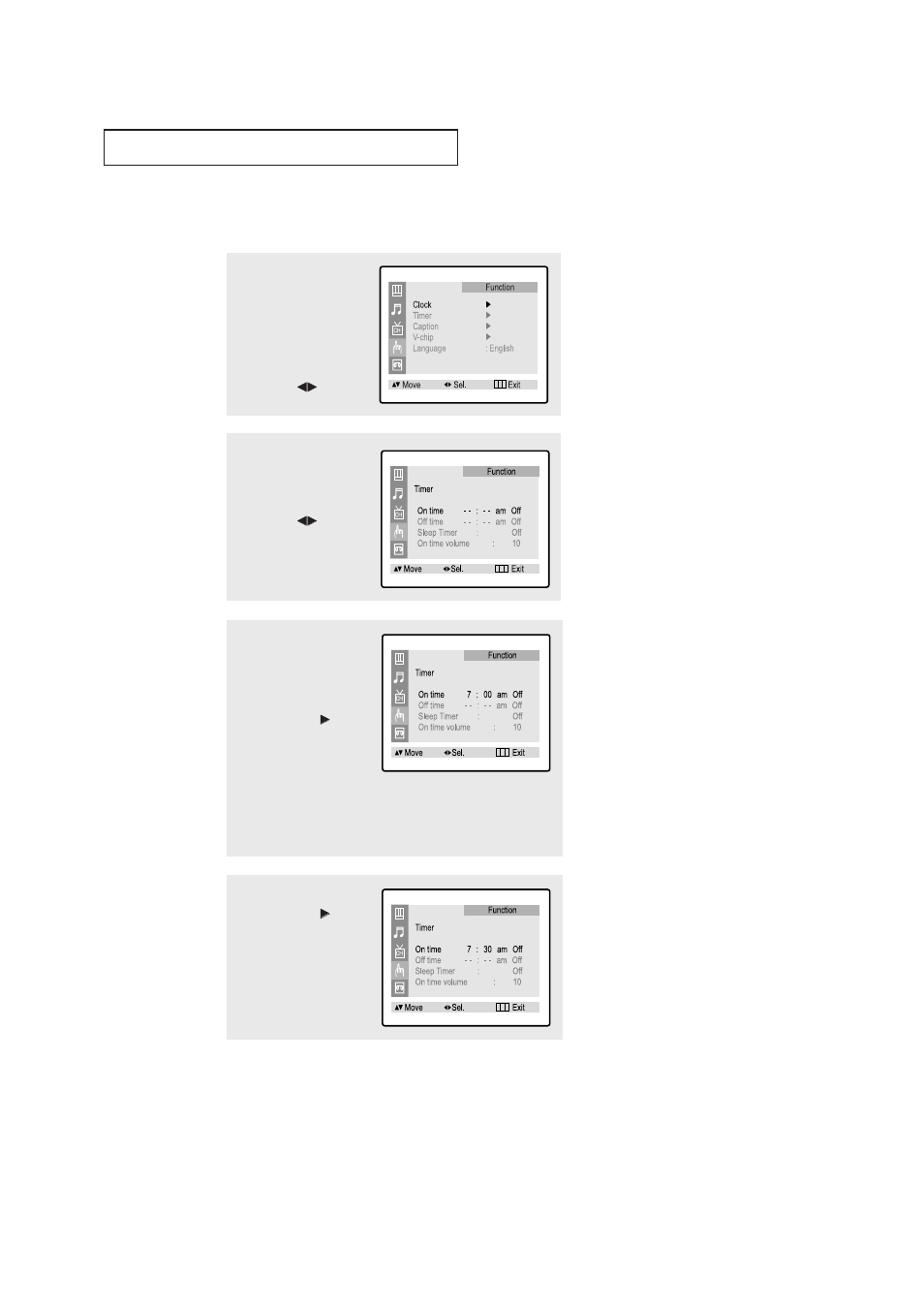 Setting the on/off timer, T v o | Samsung CXN2085TPX-XAA User Manual | Page 43 / 99
