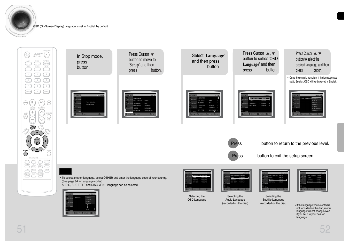 Setup, Setting the language, 51 52 setting the language | Samsung HT-P1200T-XAA User Manual | Page 27 / 45