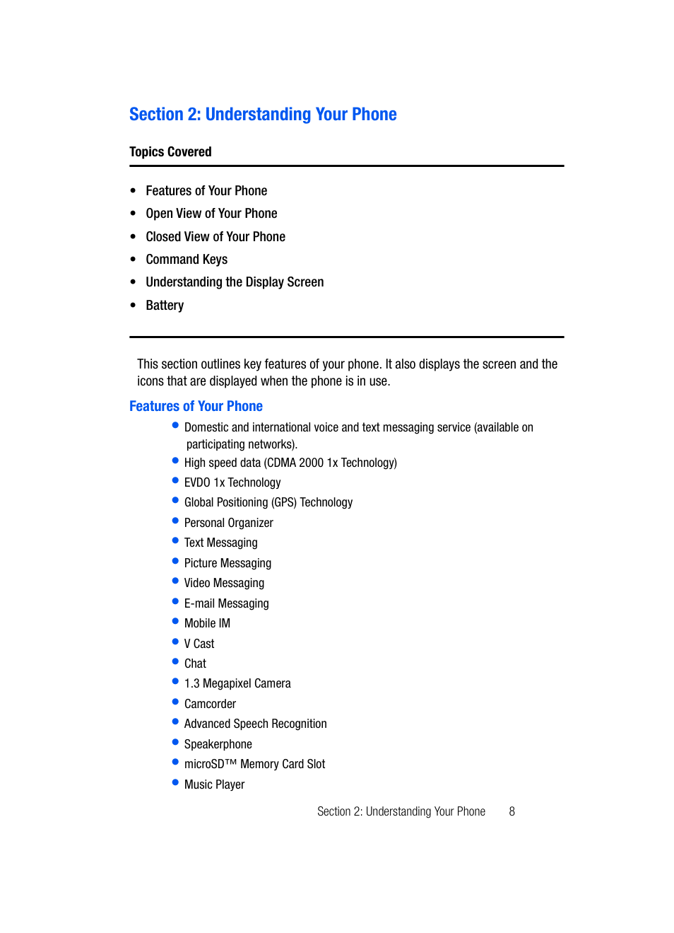 Section 2: understanding your phone, Features of your phone | Samsung SCH-U740CDAVZW User Manual | Page 11 / 163