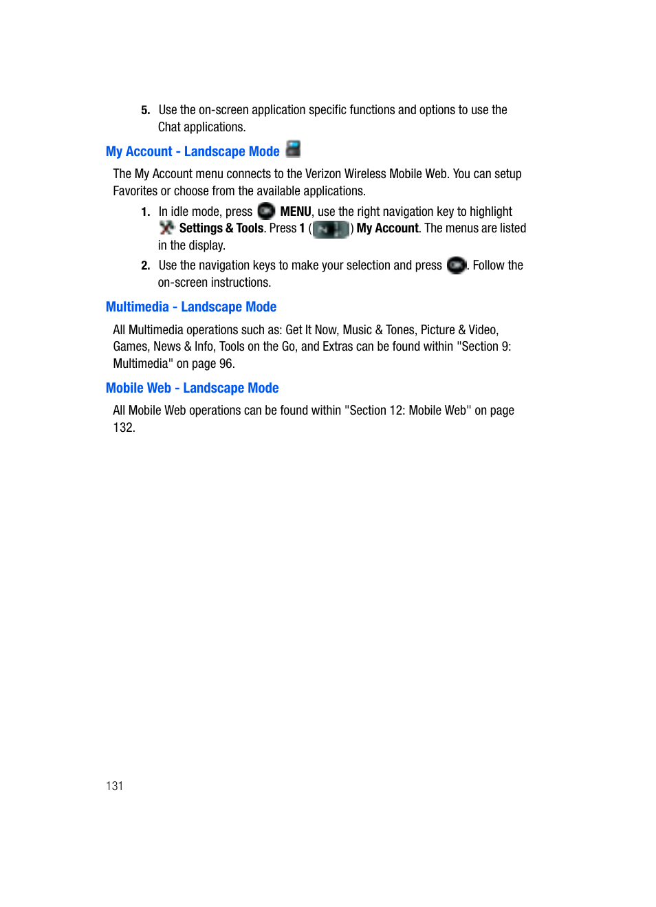 My account - landscape mode, Multimedia - landscape mode, Mobile web - landscape mode | R to "my account - landscape mode" on | Samsung SCH-U740CDAVZW User Manual | Page 134 / 163