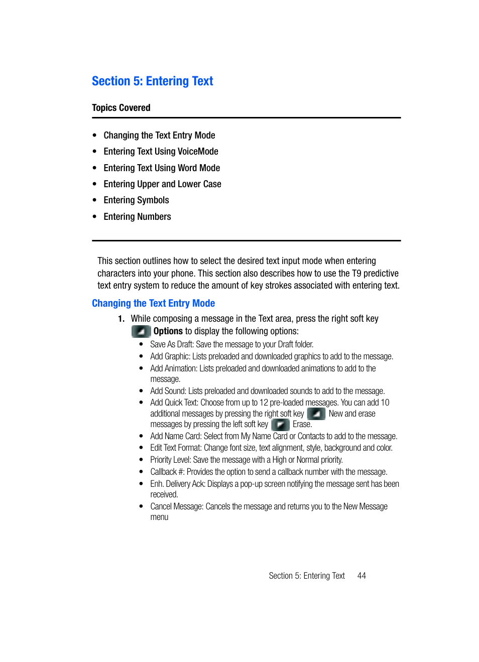 Section 5: entering text, Changing the text entry mode | Samsung SCH-U740CDAVZW User Manual | Page 47 / 163